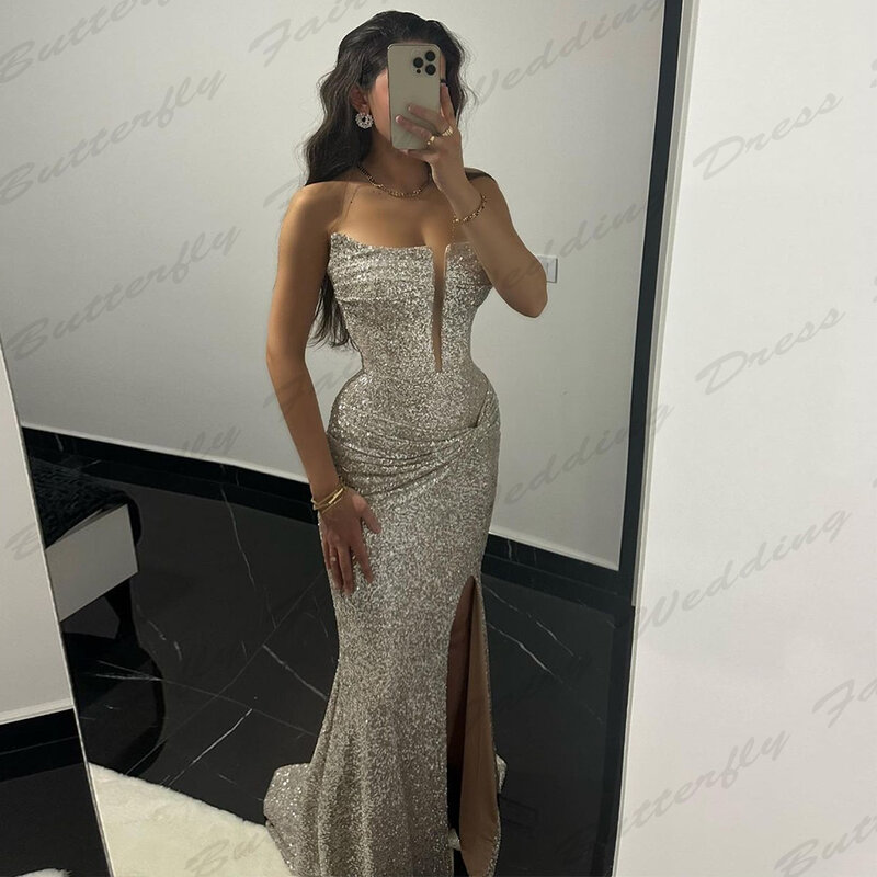 Fashion Long Evening Dresses Luxurious Sexy Backless Elegant Off Shoulder Sleeveless High Split Simple Mopping Party Prom Gowns
