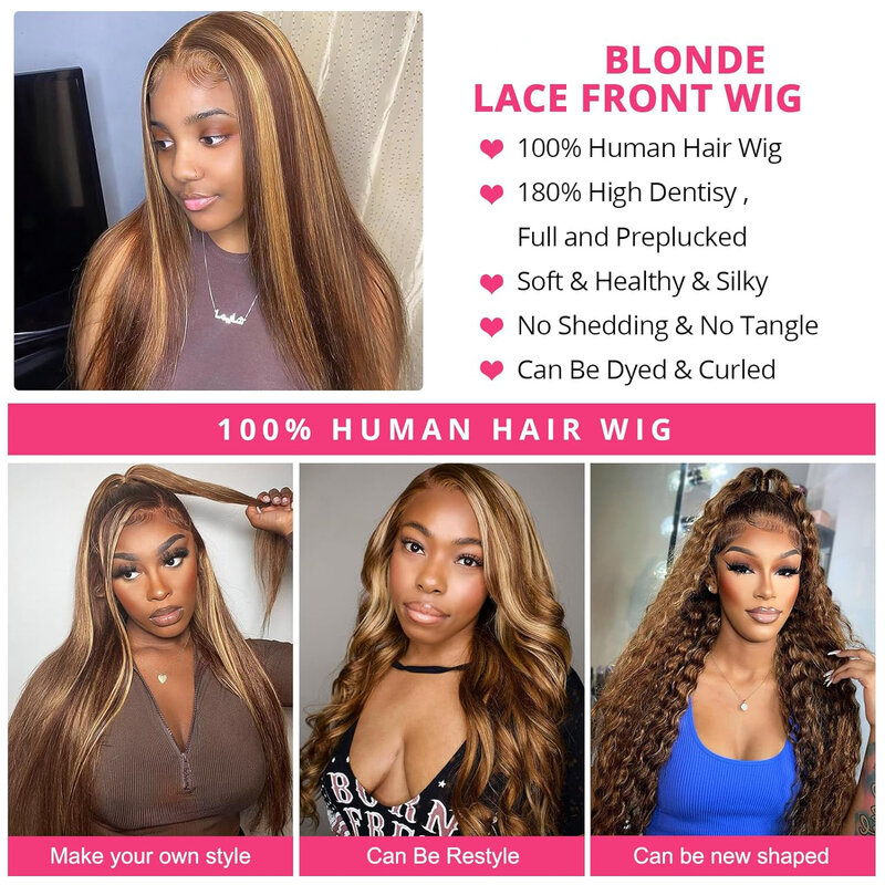 Perruque Lace Front Wig Body Wave Naturelle Lisse, Cheveux Humains, Transparent HD, avec Baby Hair, à Reflets Ombrés, 4/27
