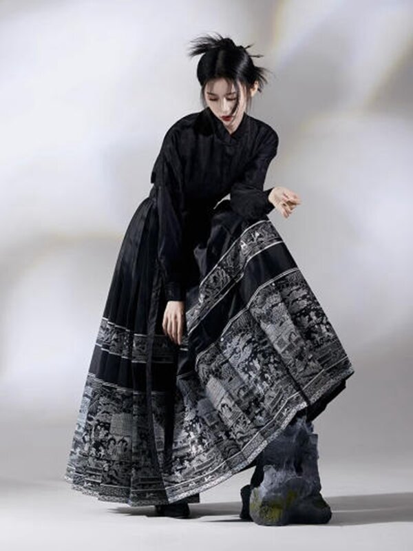 女性のための中国のスタイルのスカート,伝統的な馬のデザインの黒いロングスカート,ミディのmamianqun