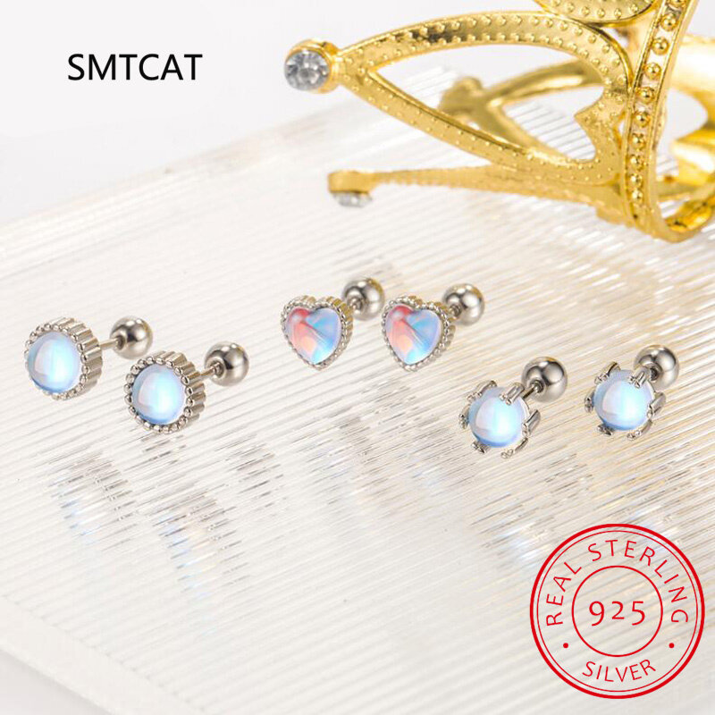 Real 925 Sterling Silver Fashion Sweet Moonstone Heart Screw Stud Earrings For Women Wedding Party Fine Jewelry DA3011