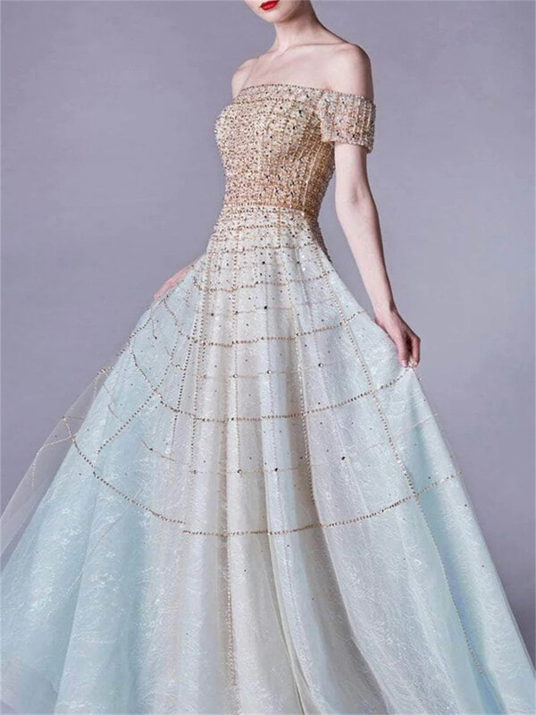 Luxurious Beaded Prom Dress 2024 Classic A-Line Evening Dresses Simple Off-The-Shoulder Floor-Length Gown Vestidos De Novia