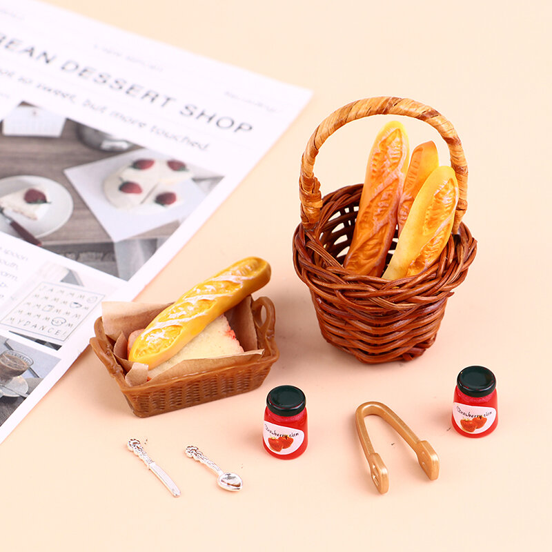 6/7 sztuk 1:12 domek dla lalek miniaturowe jedzenie Mini miód chleb dżem kosz zestaw piknikowy zabawki dla dzieci prezenty udawaj, że lalki wystrój domu akcesoria