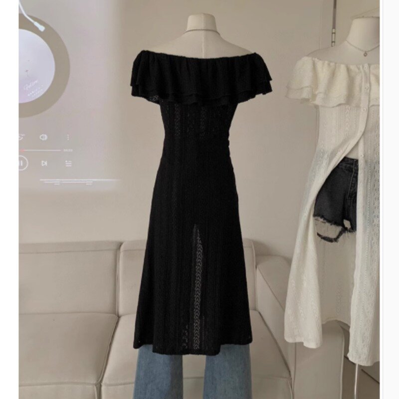 HOUZHOU 여성용 우아한 드레스, 한국 스위트 롱 화이트 블랙 미디 원피스, 빈티지 섹시 스트리트웨어, Y2k 쉬폰 원피스 캐주얼