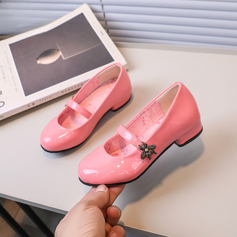 Girl's High Heel Shoes Glossy PU Kids Leather Shoe Spring Autumn Elegant Children Princess Shoes for Wedding Party Versatile