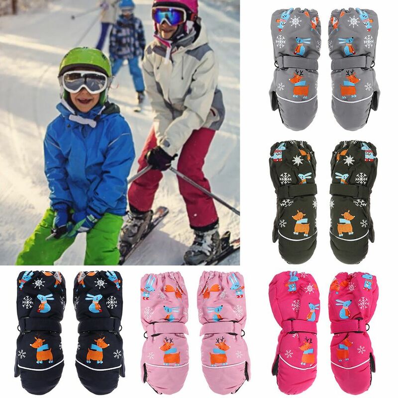 Модные Нескользящие Детские водонепроницаемые лыжные перчатки с оленем и кроликом для мальчиков и девочек Детские ветрозащитные плотные теплые варежки с длинным рукавом