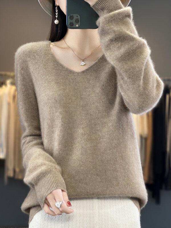 100% Merino Wool Sweater Cashmere  Pullover Women Knitwear V-Neck Long Sleeve  Autumn Winter Fashion Basic Clothing  Tops