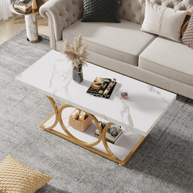 Meja kopi persegi panjang 47.24 inci, meja kopi Modern untuk ruang tamu, furnitur rumah dengan rak penyimpanan (Putih dan emas) ruang makan
