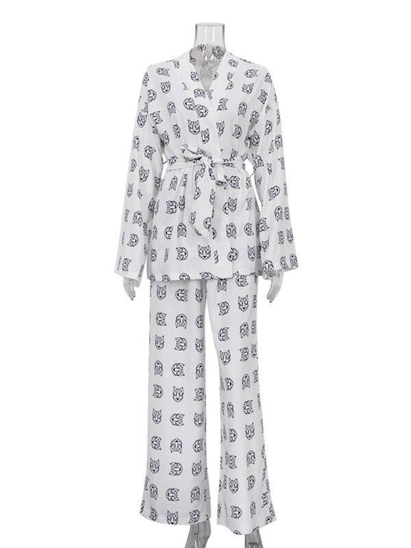 Marthaqiqi Casual Loose Print Pajamas Women Night Wears Elegant Long Sleeve Lace-Up Robes With Wide Pants Set Female Sleepwear