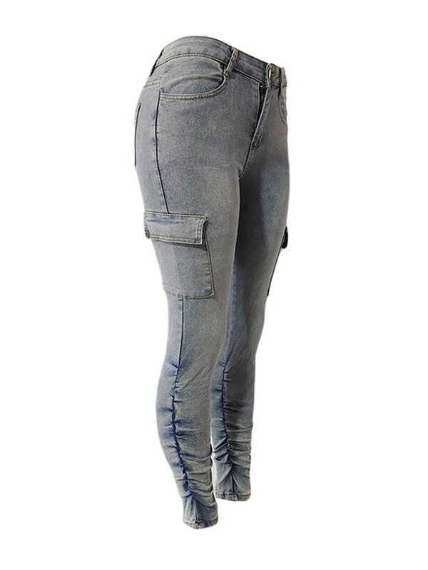 Lw plain empilhados lado bolso lavagem jeans azul alta elástico carga jeans plissado feminino harajuku y2k estética calças vintage