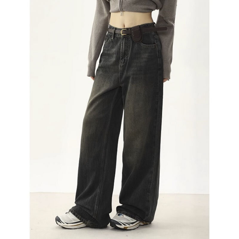 Jeans vintage de perna larga feminino, moda streetwear de cintura alta, estilo Y2K, básico, alta qualidade
