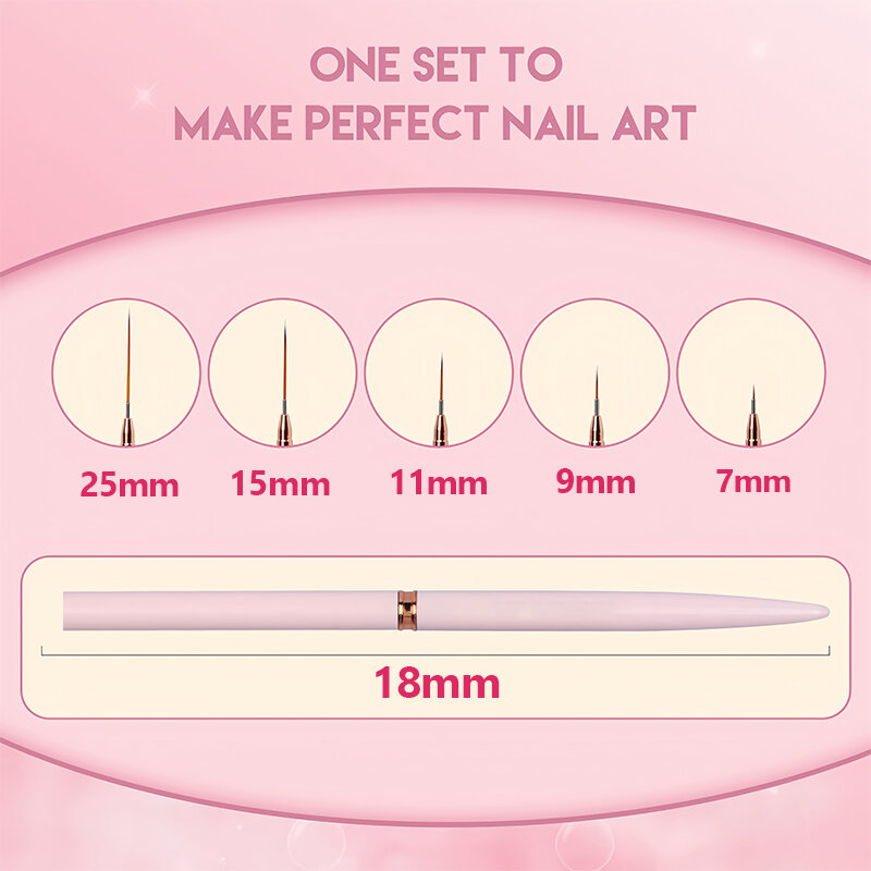 Profissional Nail Art Liner Brushes Set, Linhas alongadas, Striping Desenho, Pintura Gel UV, Nail Design Pen, Manicure Tool, 5 pcs