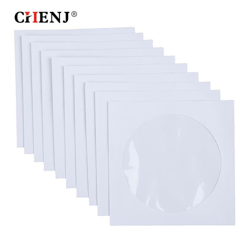 봉투 보관 투명 창 케이스 플랩 흰색 접이식 종이 가방, CD DVD 디스크 종이 슬리브, 10 개, 50 개, 12.5cm