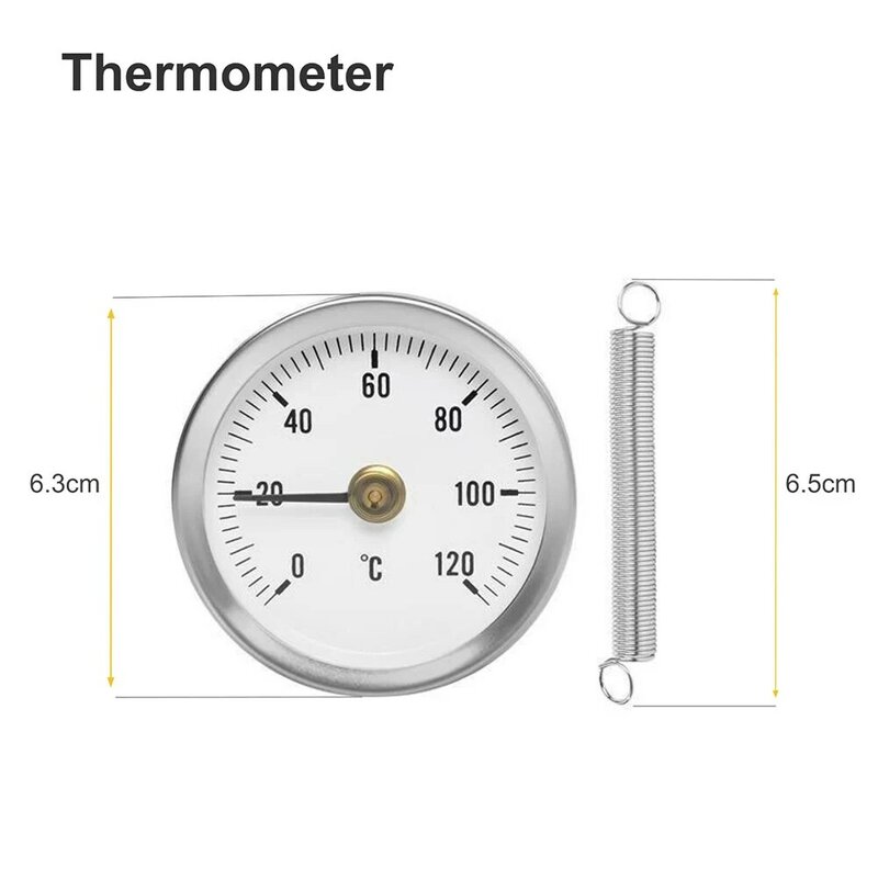ステンレス鋼の耐久性のあるパイプ体温計、アナログクランプオン加熱、丸いスプリング、bimメタル0-120 ℃ 、63mm