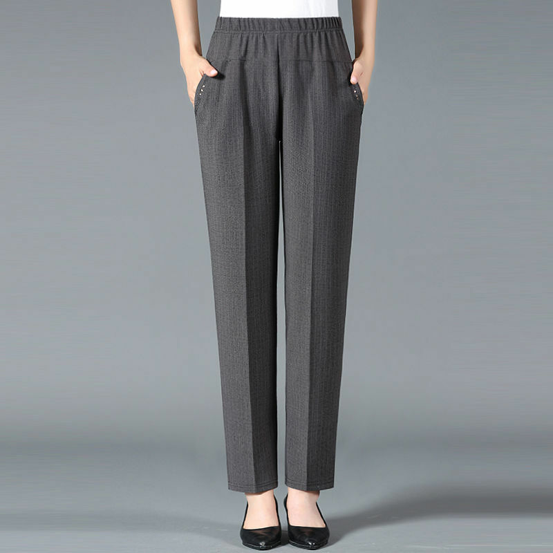 Celana lurus wanita, celana panjang pinggang tinggi longgar komuter kantong elastis mode musim semi musim panas
