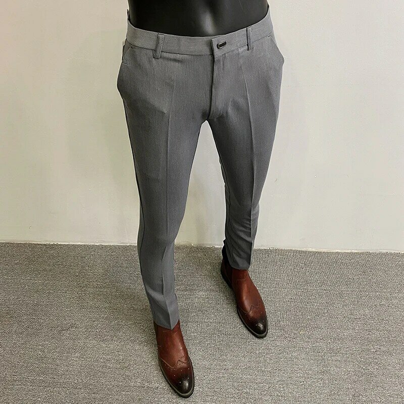 Celana setelan pria untuk bisnis, celana setelan pria bisnis elegan elastis Slim Fit, celana Formal kualitas tinggi, celana kasual warna Solid