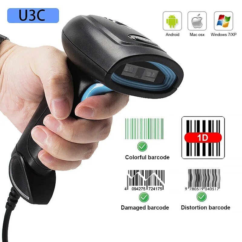 Handheld Wired Red Light Barcode Scanner 1D Bar Code Reader High Accurate Speed Decoding Universal For Supermarket Logist U3C
