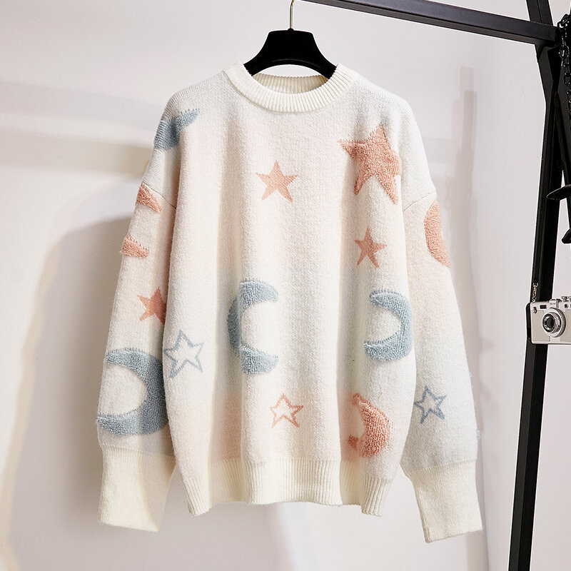 Женские белые свитера 2023 в Корейском стиле Новые звезды луна Повседневный джемпер для женщин кавайная Милая вязаная одежда розовый свитер пуловеры для девочек