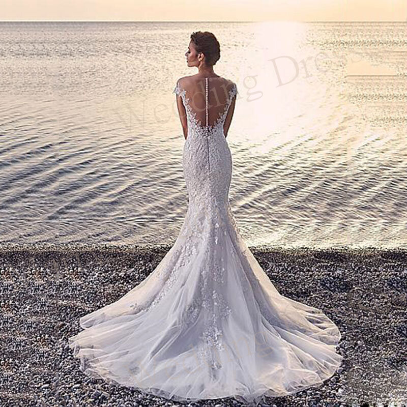 Gaun pernikahan ramping putri duyung indah klasik gaun pengantin kancing belakang renda applique gaun pengantin elegan leher V ilusi gaun pengantin