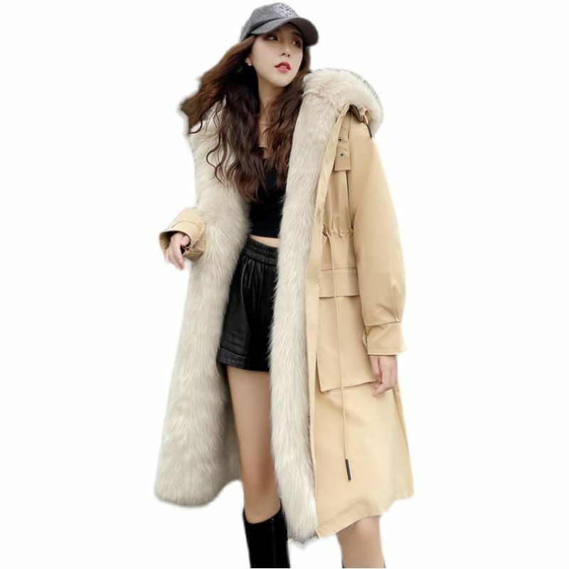 2023 nuova giacca di cotone con colletto di lana spessa per giacca di pelliccia da donna con cappuccio invernale da donna con cappuccio lungo parka staccabile