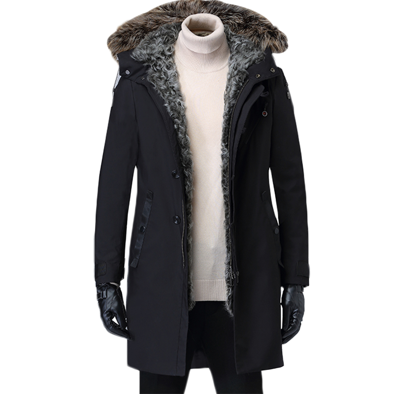 Mid-long Men's Parka Lamb Fur Liner Coats Winter Men Clothes Streetwear Casual Fur Male Coat Fashion Warm Silver Fox Fur Collar