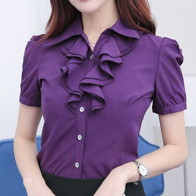 Office Lady Turn-down Collar Tops Ladies Business Casual Shirts Solid Color Short Sleeve Women's Clothing Buttons Slim Blouses