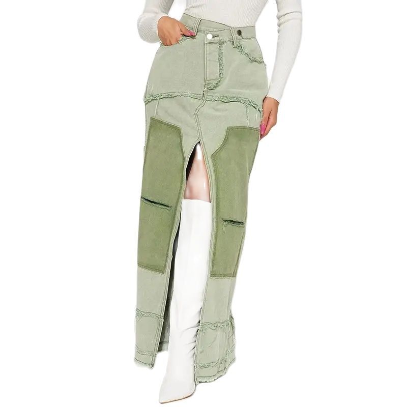Midi Rock Patchwork Gabel Quaste unregelmäßige hohe Taille lange Röcke lässige Mode Baggy Frauen Midi Rock Herbst Maxi Trend tragen