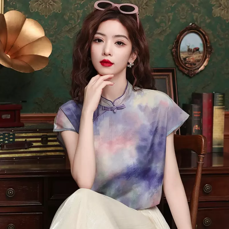 여성용 시폰 셔츠, 중국 스타일 프린트 블라우스, 루즈핏 민소매 빈티지 상의, 한국 2024 패션 의류, 여름