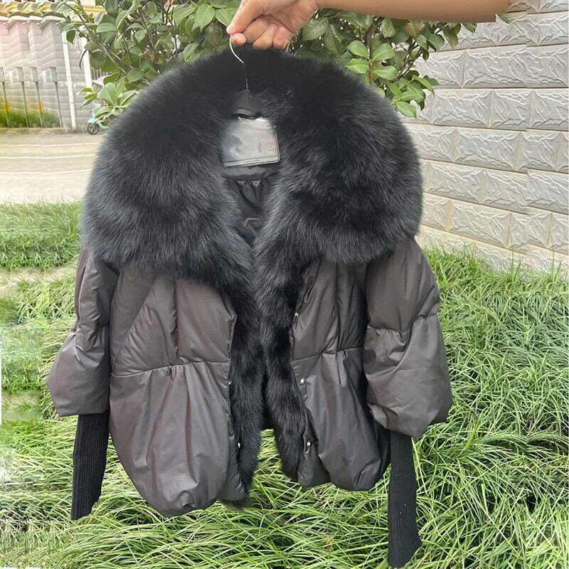 Jaqueta de pato com gola de pele de raposa real feminina, casaco grosso quente, outwear de luxo feminino, nova moda, outono e inverno, 2023