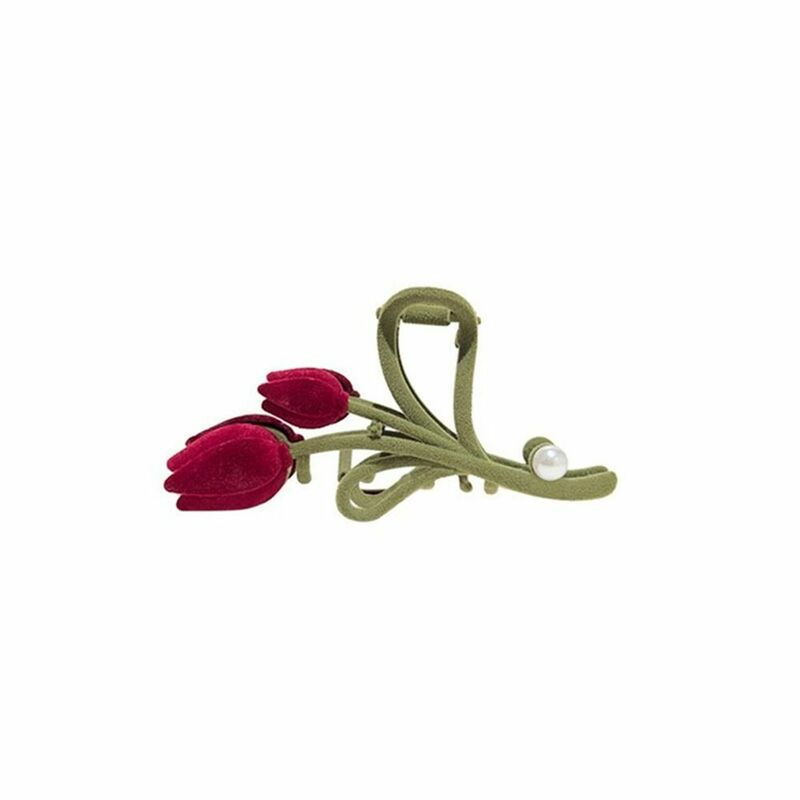 Pequena flor verde cereja hairpin feminino, headwear estilo coreano, garra de cabelo de veludo vermelho, clipe de cabelo tulipa, acessórios franceses