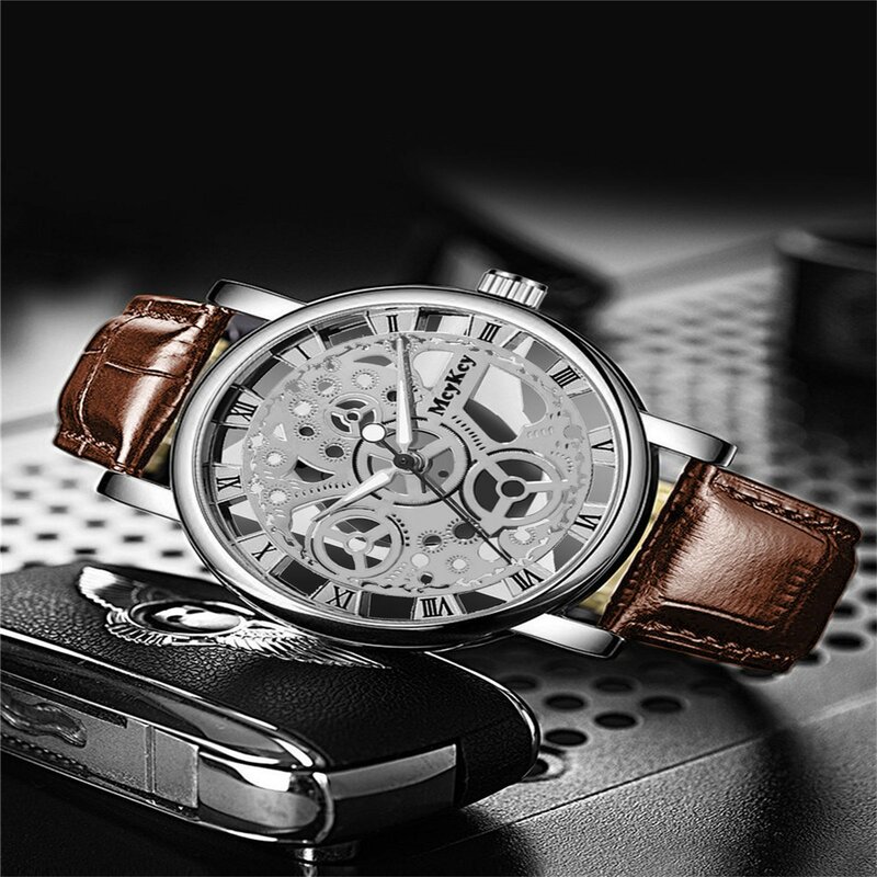 Mode Business Heren Horloge Prachtige Uitholling Proces Ronde Wijzerplaat Horloges Lederen Band Quartz Polshorloj De Hombre