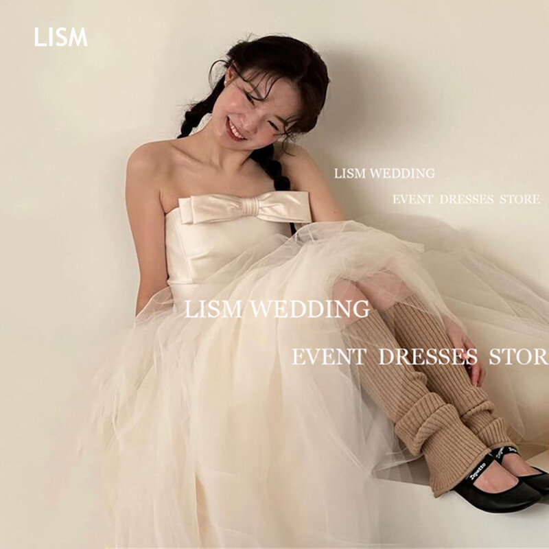 LISM-Strapless A Linha de cetim vestidos de casamento, cetim nupcial Party Dress, arco sem mangas, vestido formal noiva, fotos Shoot
