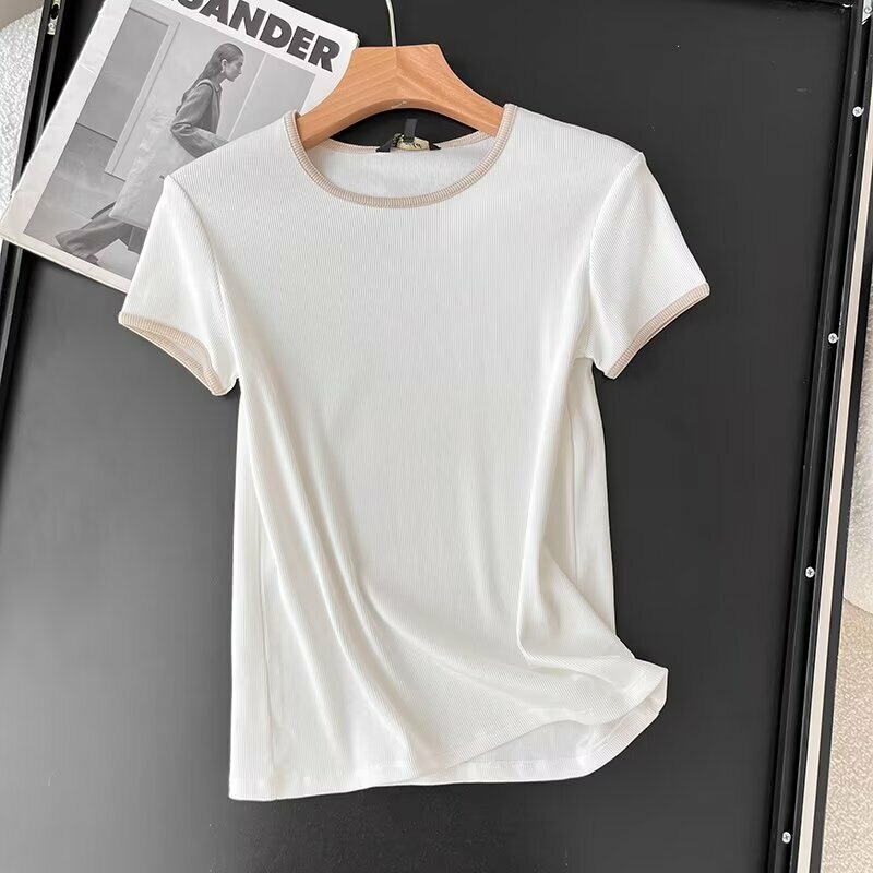Maxdutti-Camiseta de manga corta para mujer, Top de punto con cuello redondo, estilo nórdico minimalista, codificado por colores
