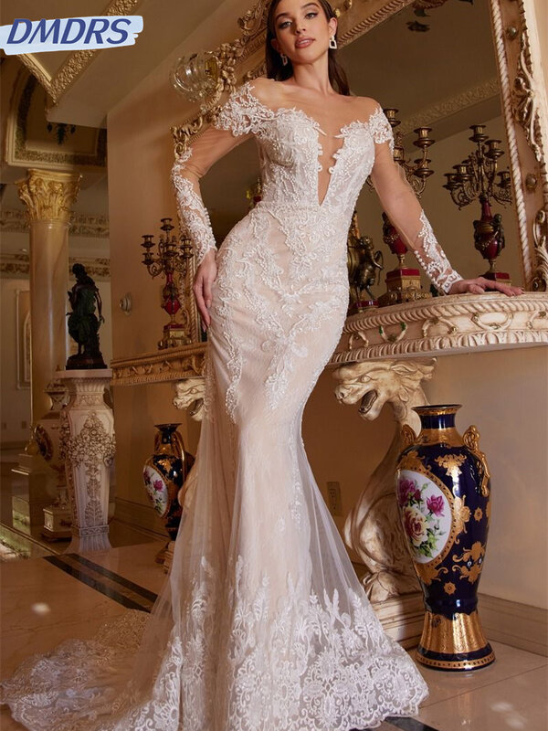 Sexy Deep V-neck Wedding Dress 2024 Elegant Long-sleeved Bridal Dress Romantic A-line Floor-length Dress Vestidos De Novia