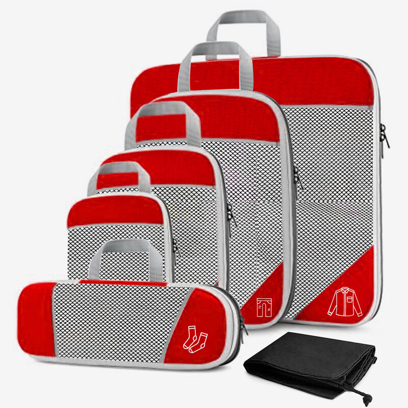 6 Buah Set Organizer Penyimpanan Perjalanan Terkompresi dengan Tas Sepatu Tas Koper Visual Jaring Tas Koper Ringan Kubus Kemasan Portabel