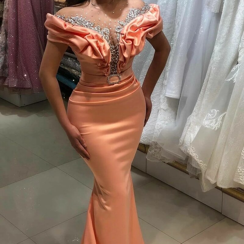 Luxury Mermaid Prom Dresses Cap Sleeves Sheer Neck Evening Gowns Crystal Beading Ruched Wedding Party Dress vestidos de gala