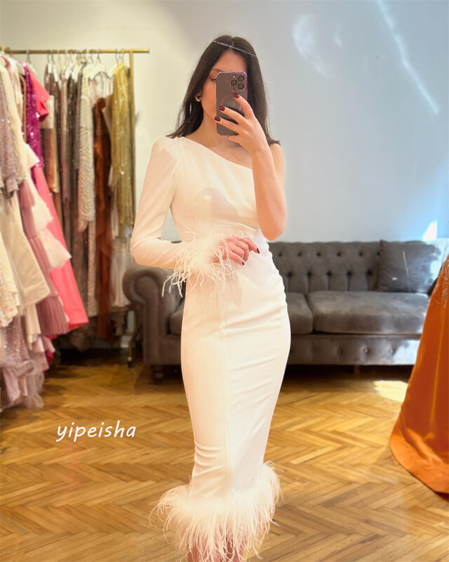 Gaun pesta malam Jersey Arab Saudi, bulu Ruched ulang tahun A-line satu bahu Bespoke gaun acara gaun Midi
