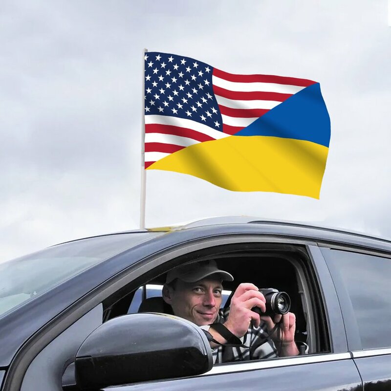 Ukraina SOS Bendera Jendela Mobil 30*45Cm dengan Tiang Bendera Warna Hidup dan Memudar Bukti Dekorasi Luar Ruangan Spanduk Genggam Tongkat Bendera