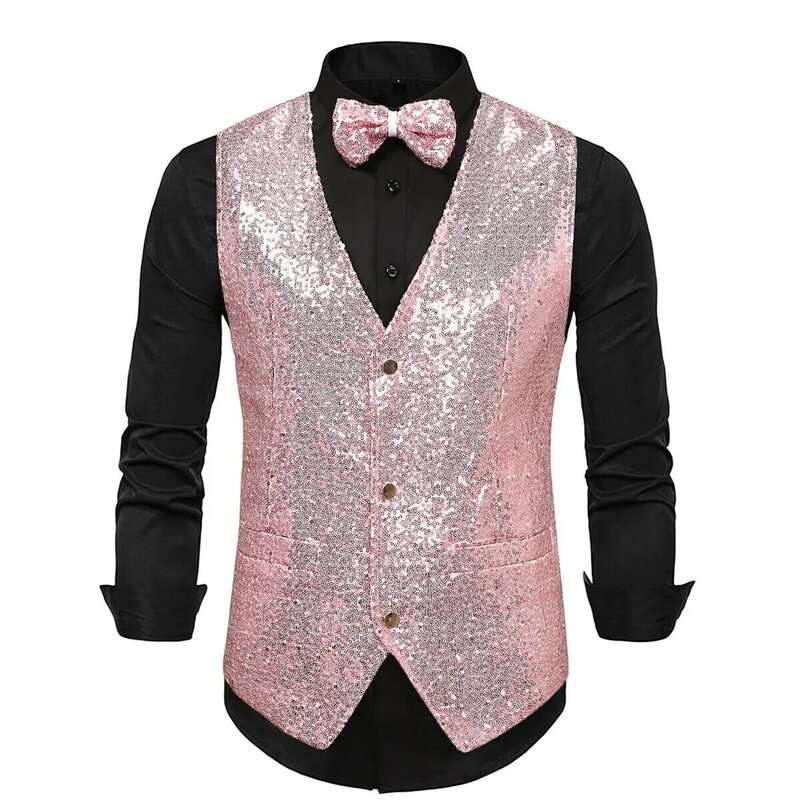 Жилет мужской с V-образным вырезом, роскошный приталенный блестящий пиджак, однотонный жилет с бантом, формальная куртка без рукавов для свадьбы, вечеринки