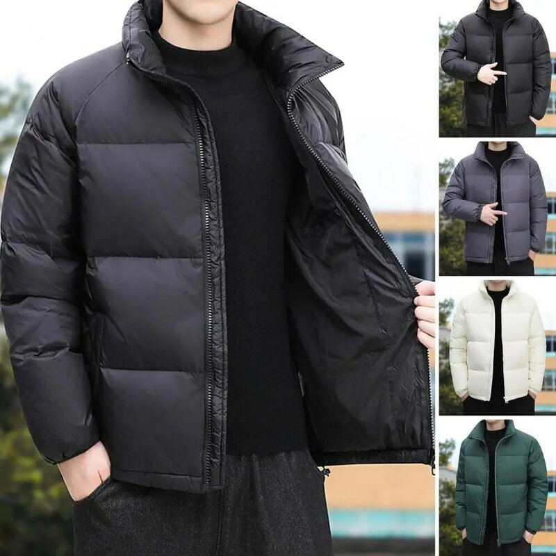 Men Down Coat Solid Color Stand Collar Male Parkas With Zipper Thickened Padded Heat Retention Neck Protection Winter Coat