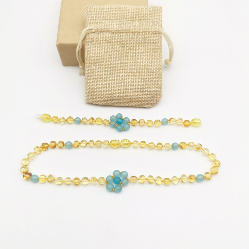 HAOHUPO Kalung Perhiasan Amber Baltik Asli Alami Buatan Tangan Kalung Bunga Amber dan Biru Opal Asli Hadiah Wanita Mewah