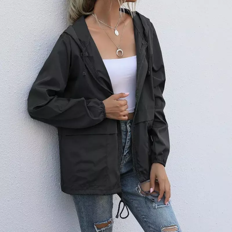 HOUZHOU 여성용 블랙 용수철 재킷, 바람막이 지퍼 후드 야외 트랙 재킷, 오버사이즈 하라주쿠 패션, Gorpcore 아웃웨어