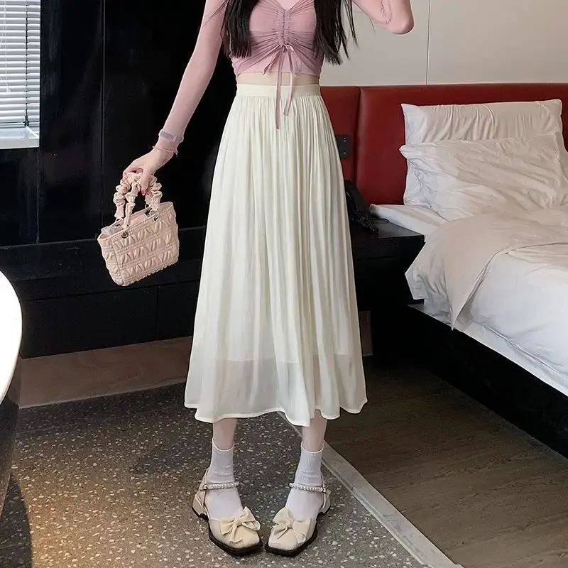 2024 New Summer Fashion High Waist Covering Belly Loose Relaxed Vacation Simple Solid Color Mid Length Flowing Light Skirt