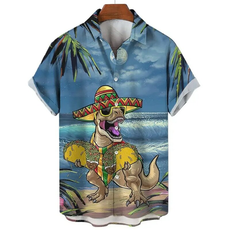 Camisas hawaianas con estampado 3D de dinosaurio para hombre, ropa de calle de manga corta con solapa y botones, moda de verano