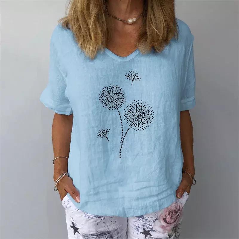 Women Dandelion Print V Neck Pullover Shirt Summer Daily Casual Loose Cotton Linen Blouse Female Simple Style Short Sleeve Tops