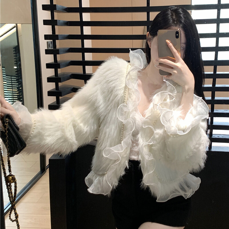 Корейское белое кружевное искусственное осенне-зимнее пальто из искусственного лисьего меха, модное Молодежное короткое пальто, женская Милая Меховая куртка, женский тренд