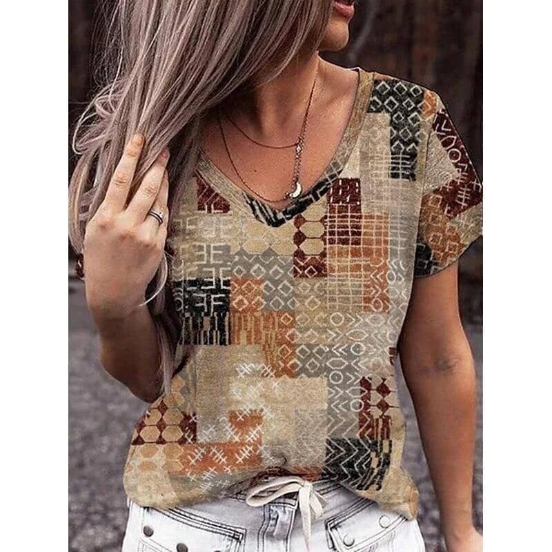女性用半袖VネックTシャツ,3Dプリントのファッショナブルな夏服,2K,ラージサイズ,2023