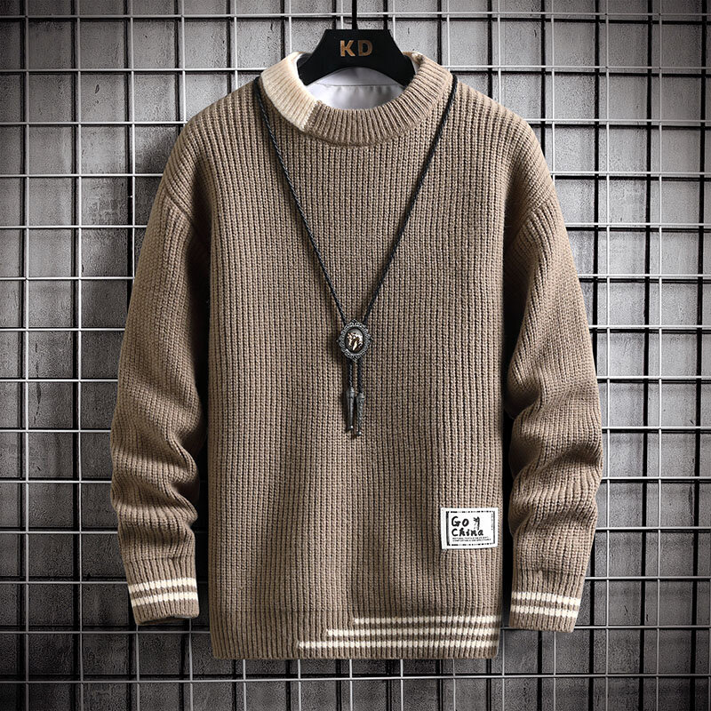 Herbst Winter Männer Pullover warmes Top neue Mode Nähte Farbe passend Pullover Rundhals pullover verdickt Strick pullover