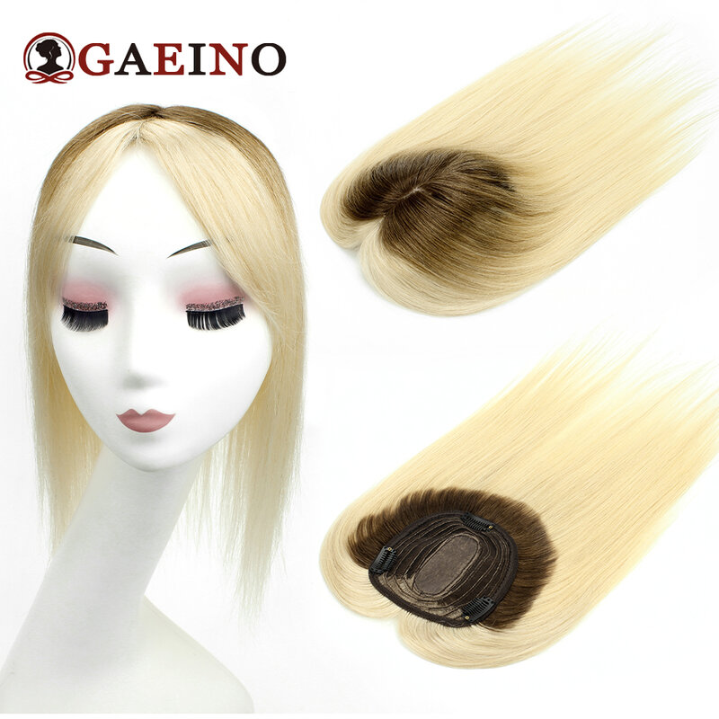 Topper rambut lurus untuk wanita Remy rambut manusia pirang hiasan rambut mesin dibuat rambut Topper dengan 3 klip rambut manusia rambut palsu T4-613