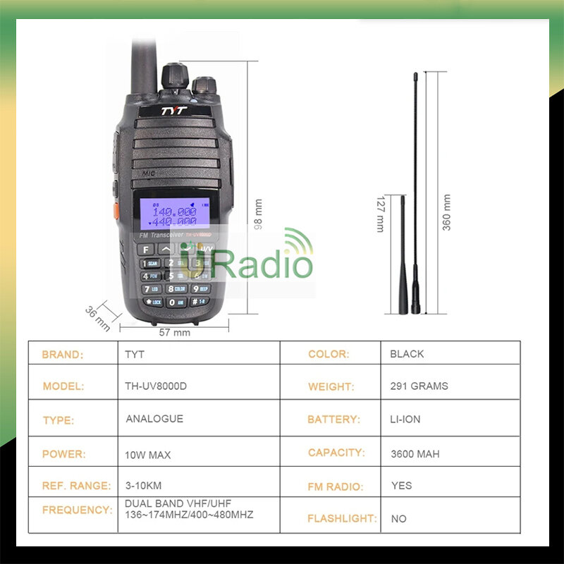 TYT-TH-UV8000D Walkie Talkie de banda dupla, 10 km, 3600mAh, 10 km, VHF, UHF, 10W, função repetidora de banda cruzada