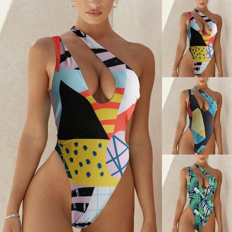 One Piece Swimsuit 2023 New Women Floral One Shoulder Swimwear Female Cut Out Monkini Bodysuit Beach Swimming Suit Beachwear